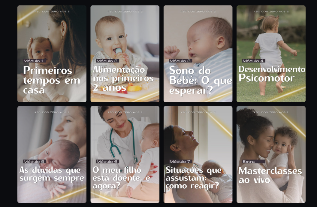 Pré-visualização da plataforma do curso ABC dos Zero aos 2, com os 7 módulos e as masterclasses ao vivo organizados em capas com fotografia